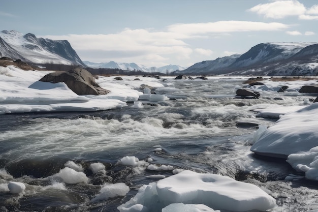 Fiume artico con banchi di ghiaccio e montagne sullo sfondo