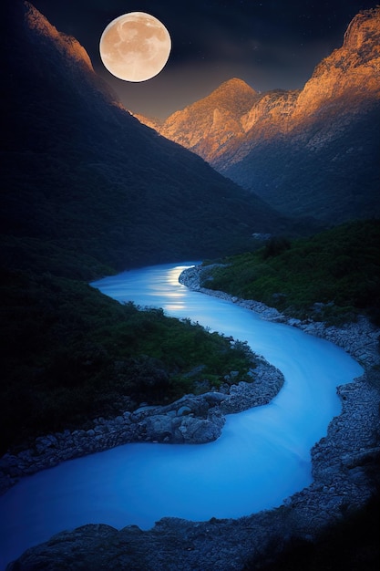 fiume blu brillante che scorre lungo un vegetated