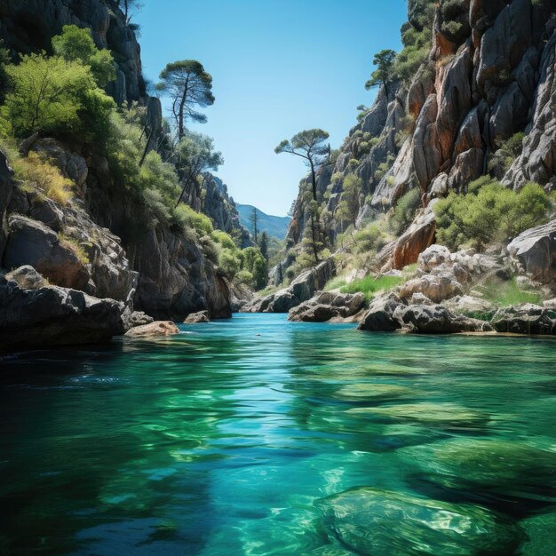 Fiume circondato da rocce e acqua cristallina