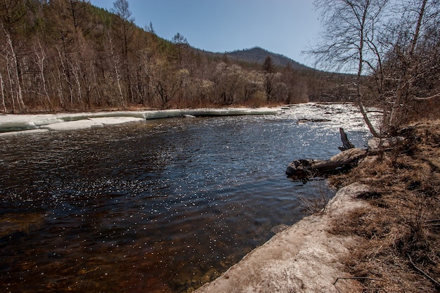 Fiume con ghiaccio in primavera