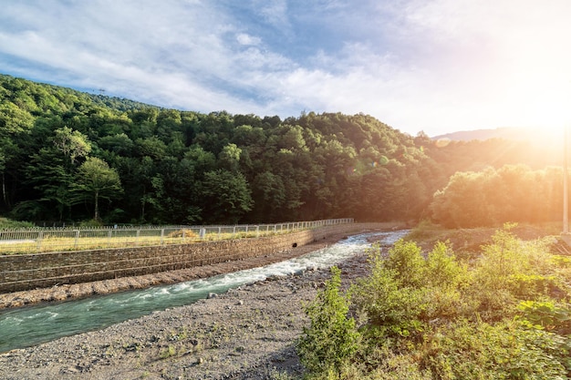 Fiume di montagna Paesaggio di montagna mattutino