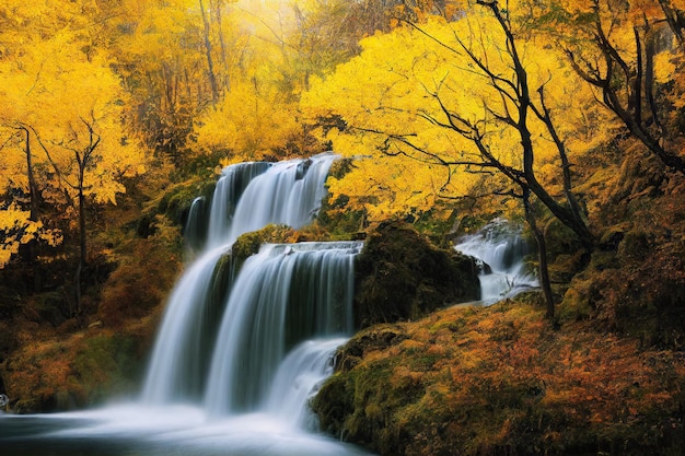 Fiume di montagna veloce che scorre attraverso la foresta autunnale