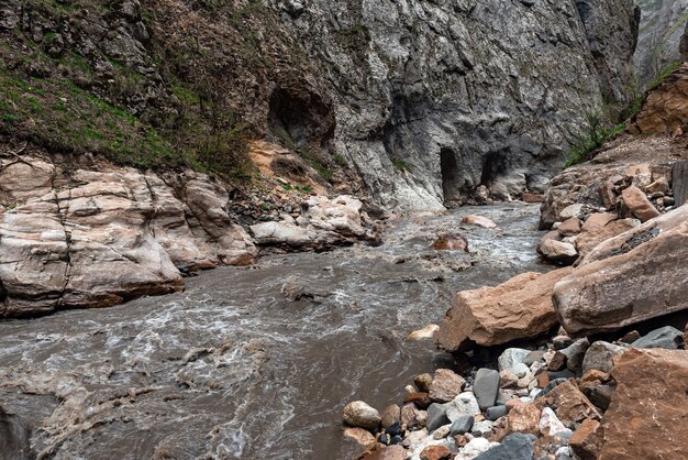 Fiume di montagna veloce nella gola