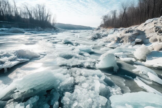 Fiume ghiacciato con ghiaccio rotto che mostra la corrente e il flusso dell'acqua sottostante