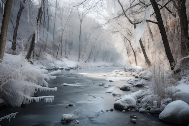 Fiume ghiacciato con ghiaccioli appesi agli alberi e fiocchi di neve che cadono