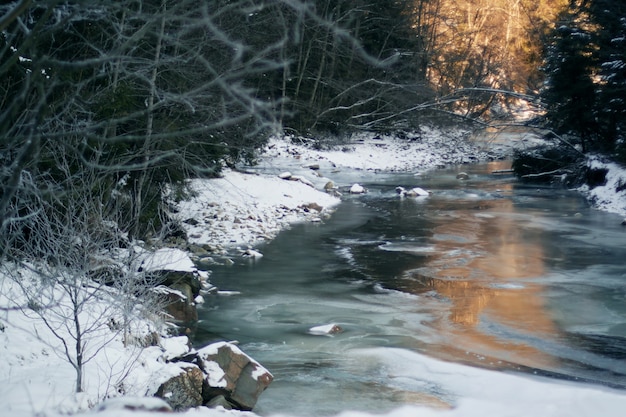 fiume ghiacciato con la neve ai lati