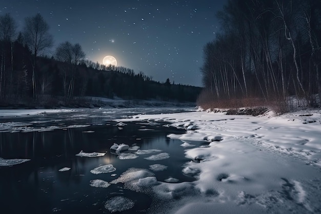 Fiume ghiacciato con vista sulla luna e sulle stelle sopra durante la notte invernale