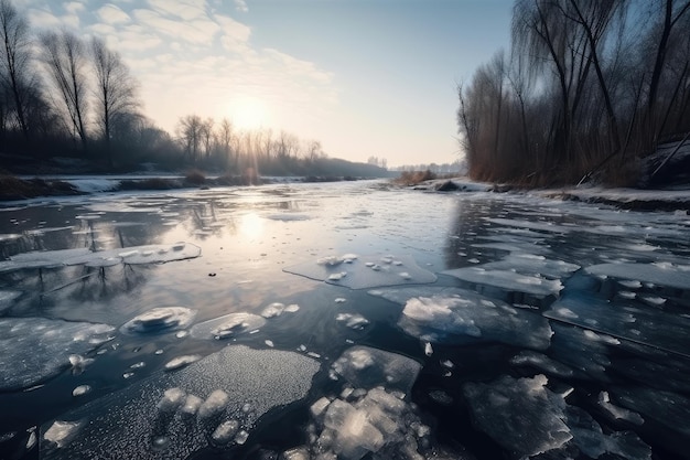 Fiume ghiacciato in pieno inverno con superficie ghiacciata e fiocchi di neve che cadono dal cielo