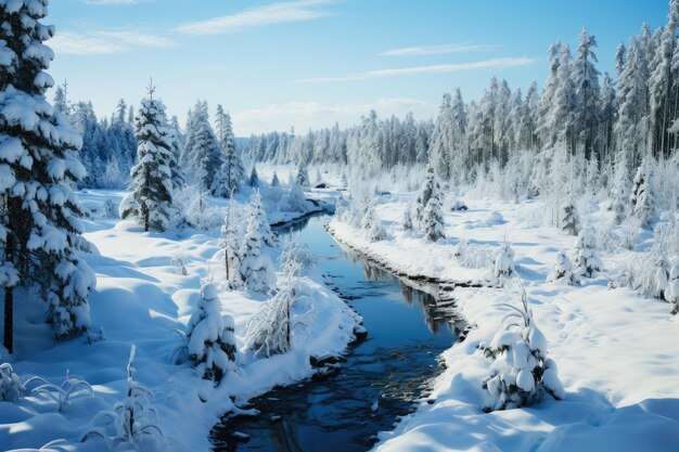 Fiume ghiacciato in una foresta invernale innevata neve e ghiaccio in natura bellissimo paesaggio invernale