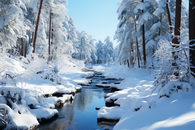 Fiume ghiacciato in una foresta invernale innevata neve e ghiaccio in natura bellissimo paesaggio invernale