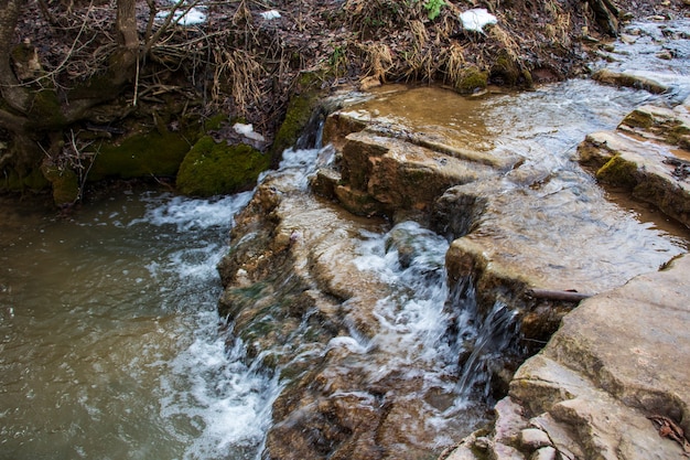 Fiume in montagna. zona montuosa. foto su una lunga esposizione, giornata nuvolosa. cascate in montagna nella foresta, paesaggio invernale di fiumi di montagna