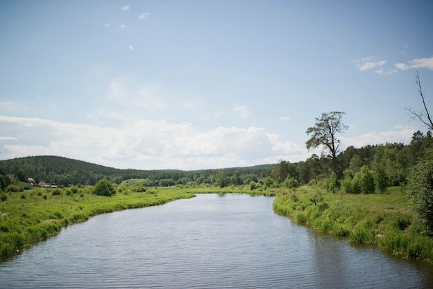 Fiume in natura in una giornata estiva, al mattino presto