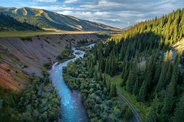 Fiume in una gola di montagna, fotografia aerea