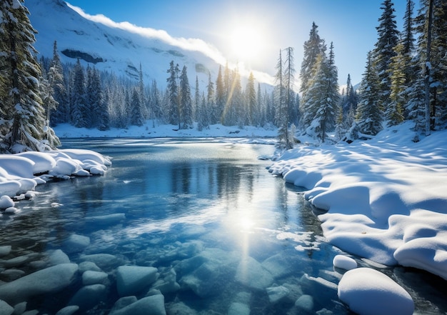 Fiume innevato con neve sulle rocce e sugli alberi sullo sfondo