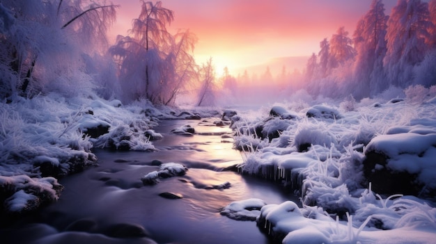 fiume invernale scorre in montagna Alba sul paesaggio innevato