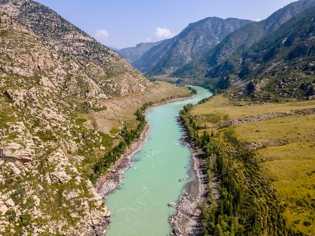 Fiume Katun con acqua turchese Bellissimo paesaggio Montagne e colline Monti Altai Russia