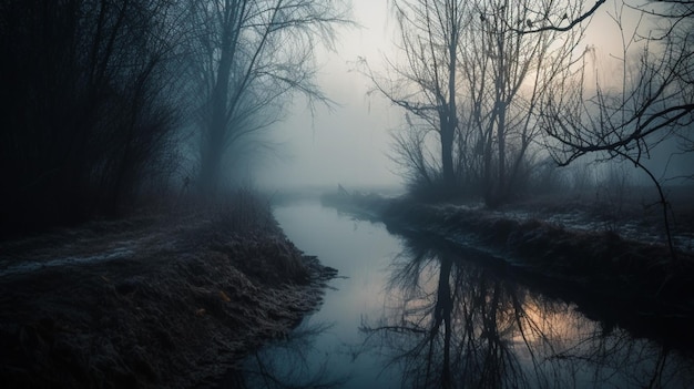 Fiume nebbioso nella foresta con alberi e sole