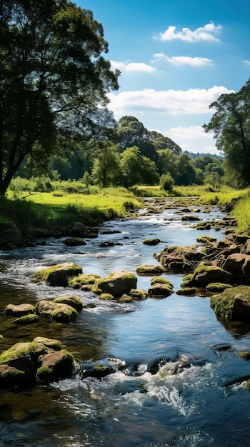 Fiume nel bosco con molte rocce nel fiume