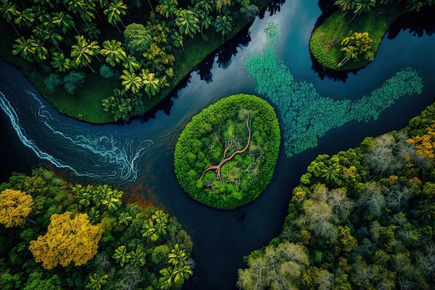 Fiume nella giungla visto dall'alto nelle vicinanze di Manaus la giungla amazzonica