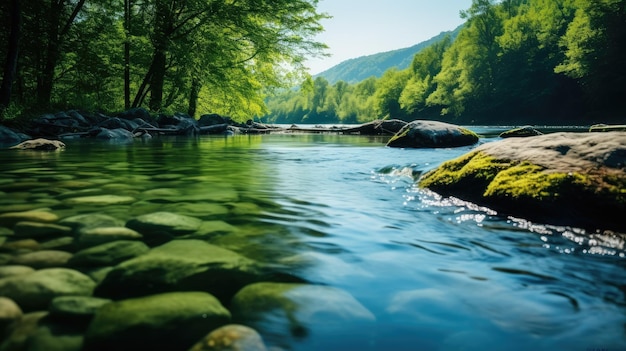 Fiume sereno con acqua limpida e pietre lisce colline boschive in lontananza