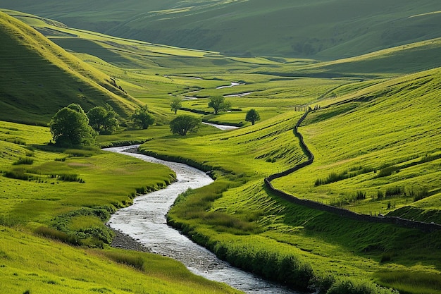 Fiume serpeggiante che si fa strada attraverso lussureggianti terreni agricoli rurali nel Regno Unito