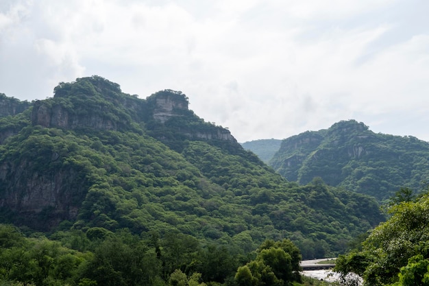 Fiume sporco visto attraverso il burrone huentitan a guadalajara vegetazione verde alberi piante e montagne messico