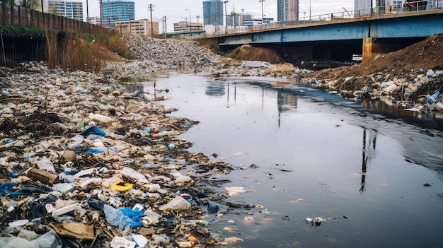 Fiume urbano inquinato da rifiuti e fogne