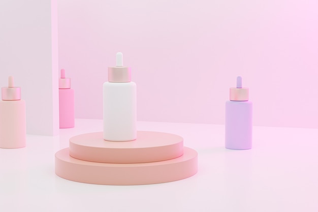 flacone contagocce bianco con siero per prodotti cosmetici sul podio beige o scena, rendering 3d illustrazione