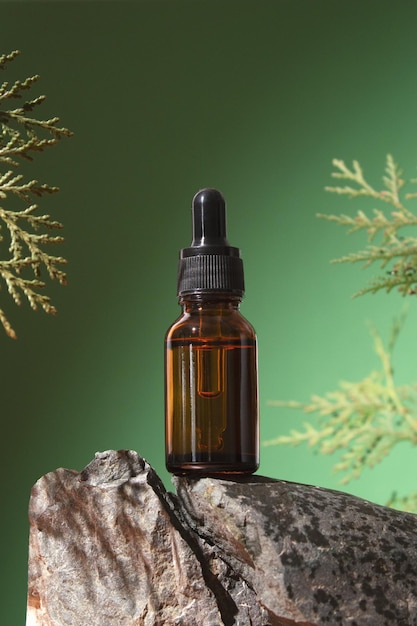 Flacone contagocce in vetro con olio cosmetico essenziale o siero su sfondo verde con rami di thuja SPA design di packaging per cosmetici biologici naturali