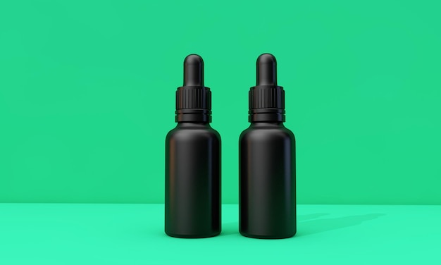 Flacone contagocce olio nero con etichetta vuota su sfondo verde d rendering