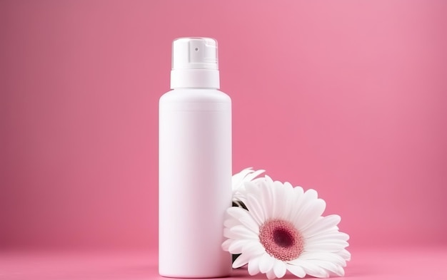 Flacone cosmetico bianco con fiore bianco su sfondo rosa