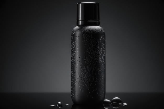 Flacone cosmetico nero lucido ed elegante con goccioline su sfondo nero generato dall'intelligenza artificiale