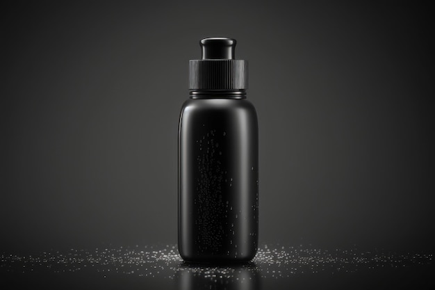 Flacone cosmetico nero lucido ed elegante con goccioline su sfondo nero generato dall'intelligenza artificiale