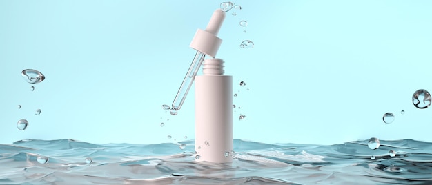 Flacone cosmetico per lozione crema siero per la cura della pelle 3d rendering illustrazione mockup imballaggio del prodotto per il trattamento medico termale con spruzzi d'acqua