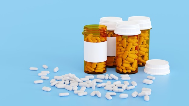 Flacone di pillole bianche e gialle Flaconi di medicinali con concetto medico di farmaci Rendering 3D