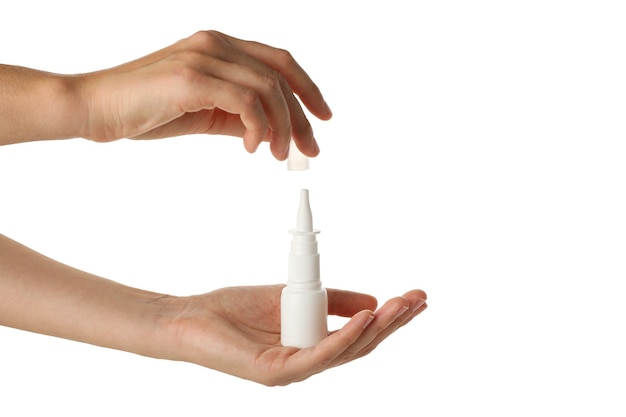 Flacone spray bianco PNG in mani femminili isolato su sfondo bianco