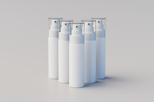 Flacone spray in plastica bianca Mockup Bottiglie multiple Rendering 3D