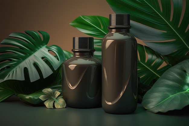 Flaconi cosmetici mockup di vetro scuro su sfondo beige con foglie tropicali generazione AI