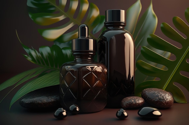 Flaconi cosmetici mockup di vetro scuro su sfondo beige con foglie tropicali generazione AI