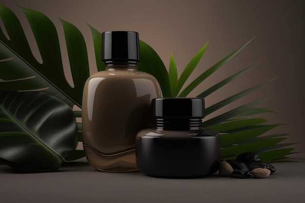 Flaconi cosmetici mockup di vetro scuro su sfondo beige con foglie tropicali generazione AI