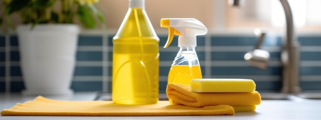 Flaconi spray per detergenti e spugne per la pulizia sul tavolo Banner sfondo cucina