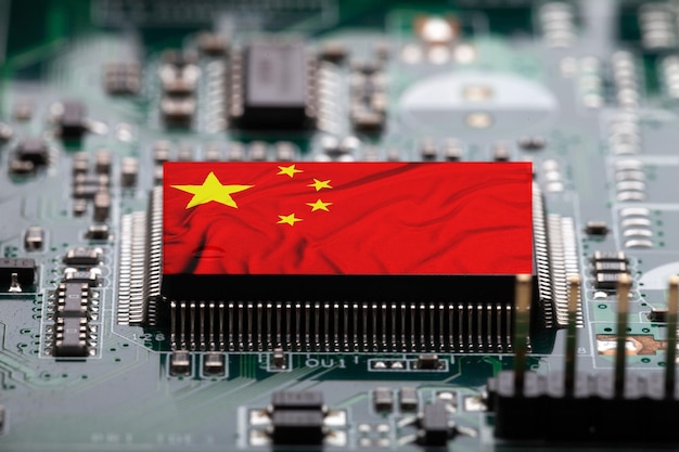 Flag of China on a processor CPU Central processing Unit or GPU microchip on a motherboard