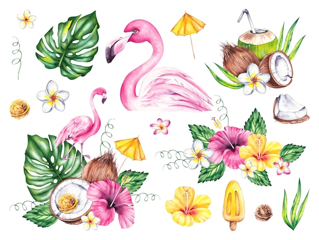 Flamingo acquerello illustrazione di uccello flamingo rosa e fiori tropicali foglie di palma isolate su