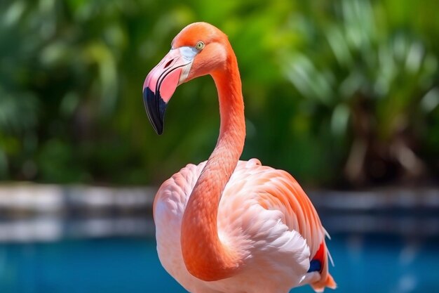 Flamingo americano Phoenicopterus ruber o flamingo caraibico Grande uccello si sta rilassando godendosi il su