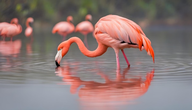 flamingo in piedi in acqua con riflesso