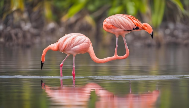 flamingo in piedi in acqua con riflesso