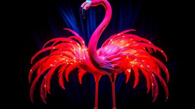 flamingo rosa al neon a luce al neon su sfondo nero