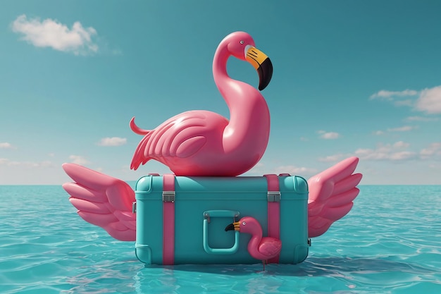 Flamingo rosa in mare con una valigia 3D