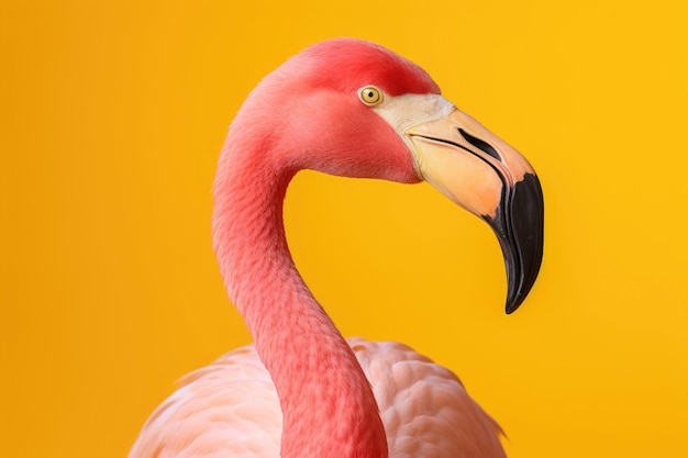 Flamingo rosa su sfondo giallo vista laterale