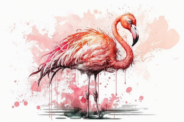 Flamingo Uccello tropicale rosa cartone animato su sfondo bianco dipinto ad acquerello